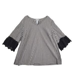 Catherines Women's 1X Black & White Gingham Check Blouse Top, Lace Sleeves Baggy